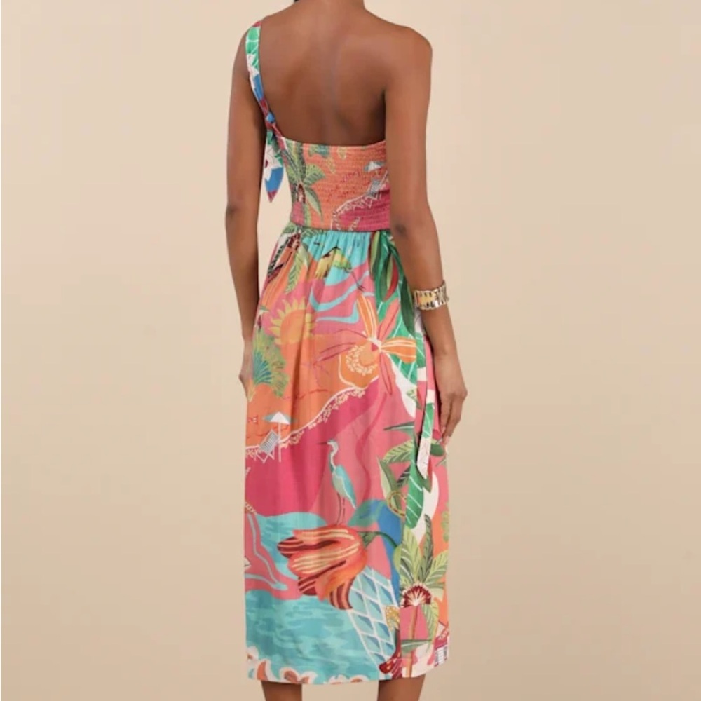 Lulus Hilinai Blue Multi Tropical Print Wrap Midi Dress - Picture 3 of 6